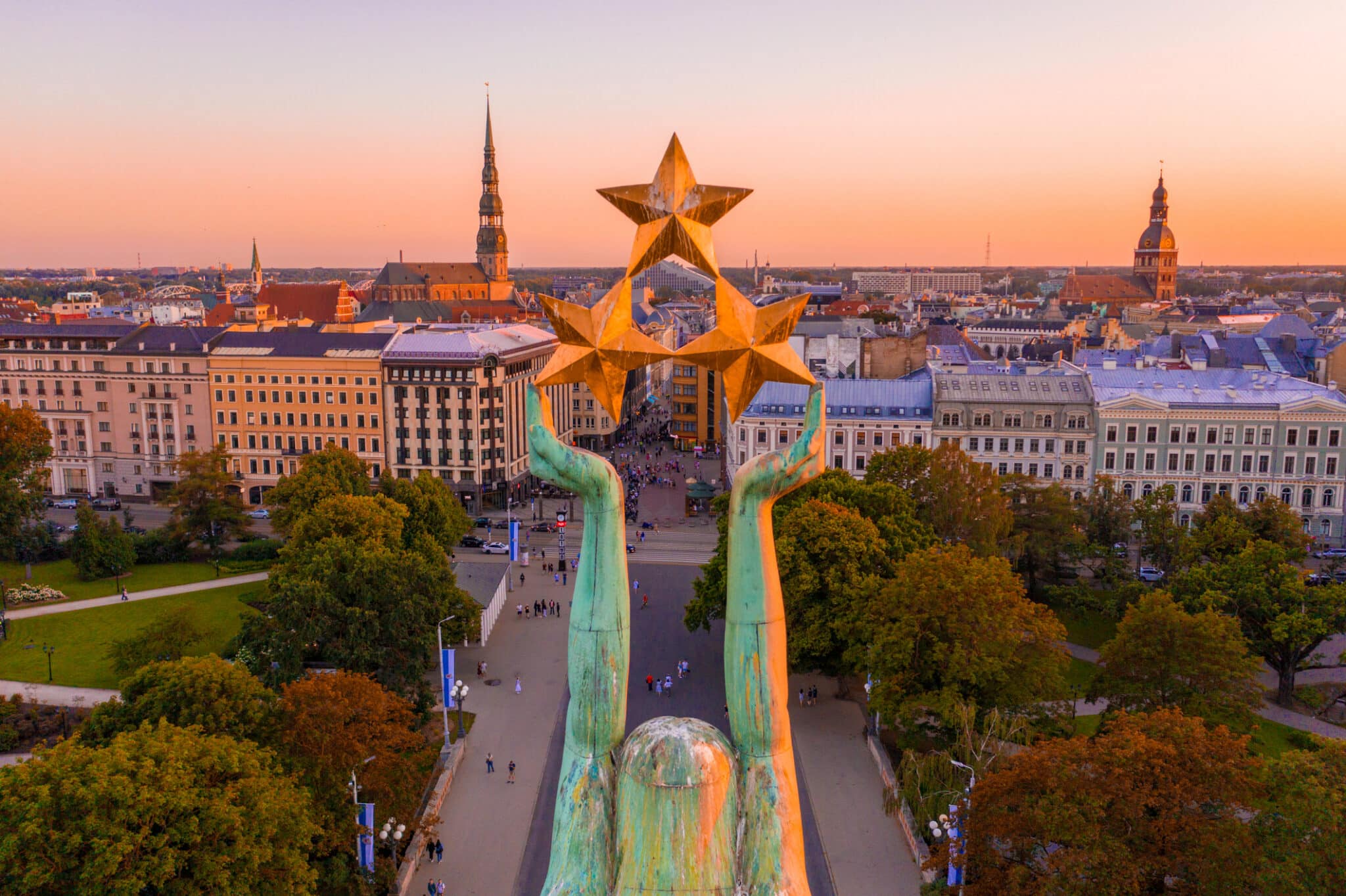 Latvia Independence Monument and Riga Skyline
